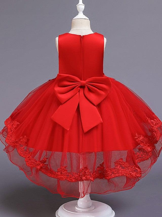 High Low Ball Gown Tulle Jewel Neck Wedding Party Flower Girl Dresses