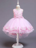 High Low Ballkleid Tüll Juwel-Ausschnitt Hochzeit Party Blumenmädchenkleider