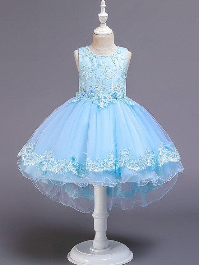 High Low Ballkleid Tüll Juwel-Ausschnitt Hochzeit Party Blumenmädchenkleider