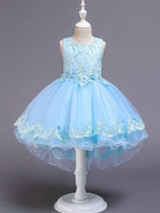 High Low Ballkleid Tüll Juwel-Ausschnitt Hochzeit Party Blumenmädchenkleider