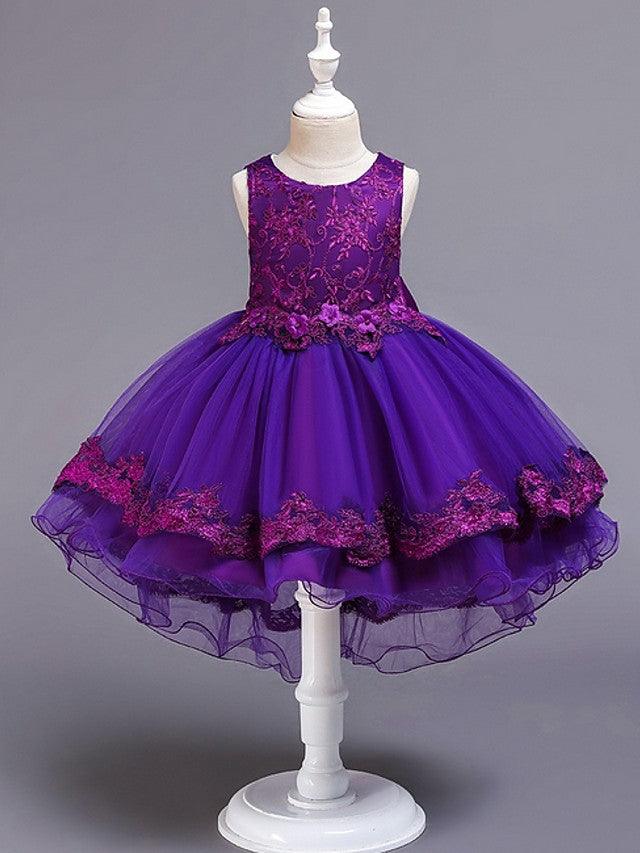 High Low Ballkleid Tüll Juwel-Ausschnitt Hochzeit Party Blumenmädchenkleider