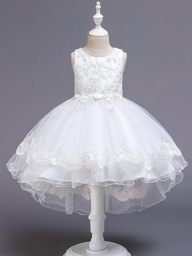 High Low Ballkleid Tüll Juwel-Ausschnitt Hochzeit Party Blumenmädchenkleider
