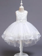 High Low Ballkleid Tüll Juwel-Ausschnitt Hochzeit Party Blumenmädchenkleider