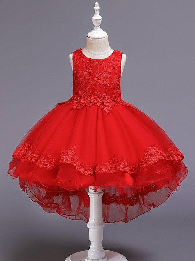 High Low Ballkleid Tüll Juwel-Ausschnitt Hochzeit Party Blumenmädchenkleider