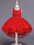 High Low Ballkleid Tüll Juwel-Ausschnitt Hochzeit Party Blumenmädchenkleider