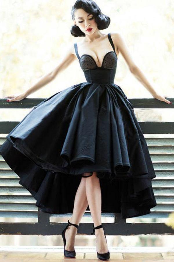 Vestido negro alto bajo, vestidos vintage para regreso a casa, vestido corto para fiesta de graduación