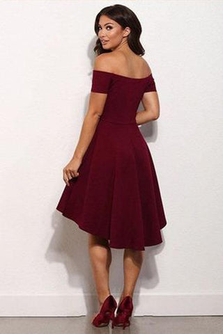 High Low Off The Shoulder Burgundy Short Prom Dress Homecoming Dress