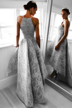 High-Low Sleeveless Grey Satin Prom Dress Evening Dress with Lace