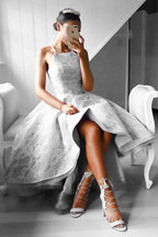 High-Low Sleeveless Grey Satin Prom Dress Evening Dress with Lace