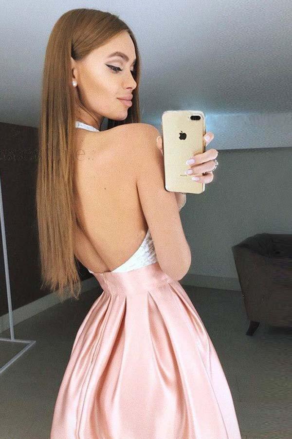 High Neck Backless Short Pink Pleated Homecoming Dress with Lace Bodice
