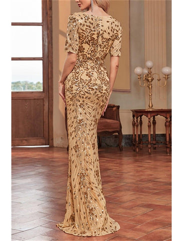 Meerjungfrau/Trompete Kleid für die Brautmutter, Hochzeitsgast, Sparkle &amp; Shine, elegant, V-Ausschnitt, bodenlang, Pailletten, kurze Ärmel, mit Paillettenblume