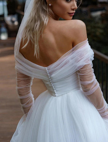 Hall Casual Brautkleider A-Linie Off Shoulder Langarm Hofschleppe Satin Brautkleider mit Schärpe/Band Hall Casual Brautkleider A-Linie Off Shoulder Langarm Hofschleppe Satin Brautkleider mit Schärpe/Band