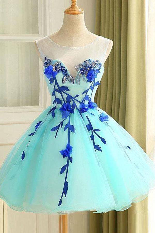 Hermoso vestido de fiesta corto con flores hechas a mano para regreso a casa
