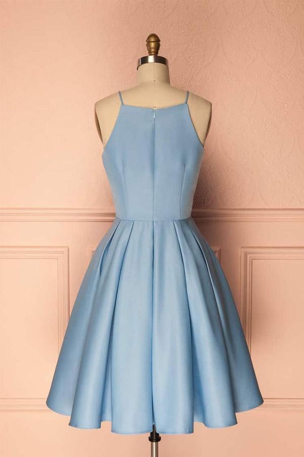 Vestido de fiesta azul con cuello halter, sin mangas, corto, para fiesta de graduación
