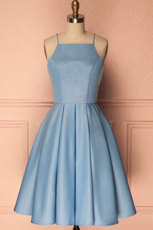 Vestido de fiesta azul con cuello halter, sin mangas, corto, para fiesta de graduación