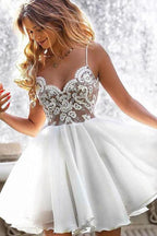Homecoming-Kleid, Spitzenmieder, Spaghettiträger, V-Ausschnitt, Mini-Partykleider