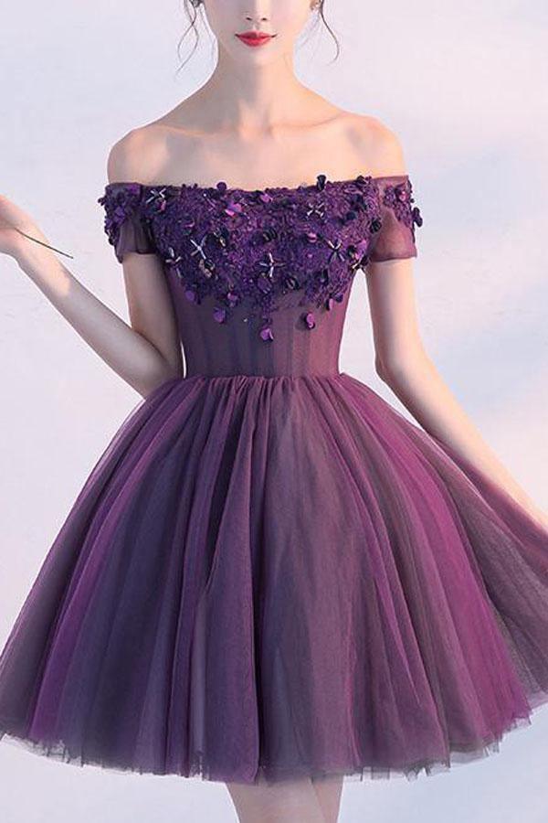 Vestido de fiesta morado corto con hombros descubiertos para regreso a casa