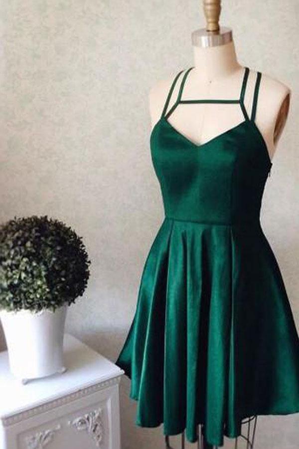 Vestido de fiesta sexy con cuello halter verde oscuro, corto, para fiesta de graduación