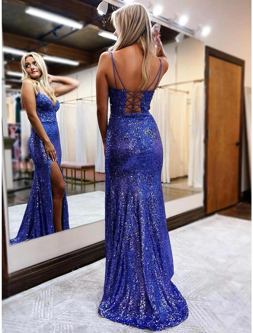 Vestidos de fiesta de sirena/trompeta con brillo y brillo, vestido formal para fiesta de bodas, cola larga/cepillo, sin mangas, cuello en V, lentejuelas, espalda descubierta con lentejuelas brillantes