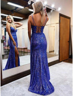 Vestidos de fiesta de sirena/trompeta con brillo y brillo, vestido formal para fiesta de bodas, cola larga/cepillo, sin mangas, cuello en V, lentejuelas, espalda descubierta con lentejuelas brillantes