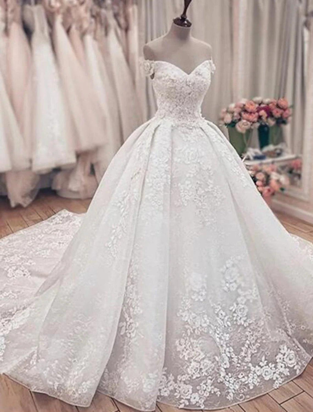 Vestidos de novia formales de compromiso, vestido de fiesta, hombros descubiertos, manga corta, cola capilla, vestidos de novia de encaje con apliques, fiesta de bodas de verano y otoño