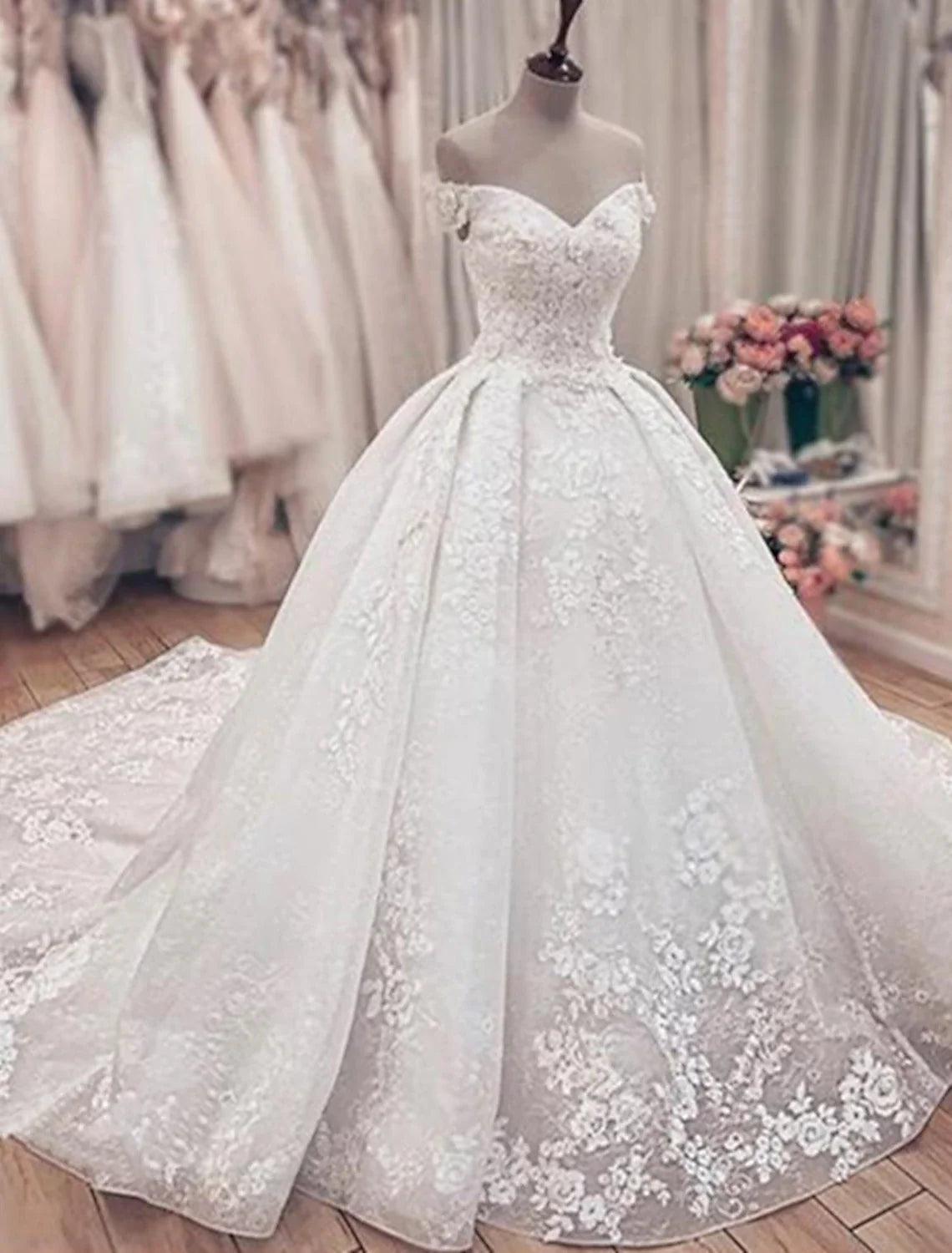 Vestidos de novia formales de compromiso, vestido de fiesta, hombros descubiertos, manga corta, cola capilla, vestidos de novia de encaje con apliques, fiesta de bodas de verano y otoño