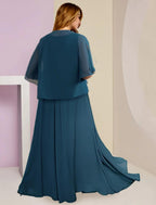 Vestido de dos piezas de corte A para madre de la novia, para invitada de boda formal, talla grande, para ocultar el vientre, elegante, escote en V, largo hasta el suelo, de gasa, con encaje, sin mangas y apliques fruncidos.