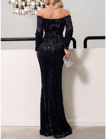 Meerjungfrau/Trompete Abendkleid Sparkle &amp; Shine Schwarzes Kleid Formelles Herbstkleid Sweep/Pinselzug Langarm Schulterfrei Pailletten mit Glitzerfalten