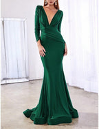 Vestido de noche sirena/trompeta Reformation Amante, vestido de novia para invitada de boda, formal, de noche, con cola de corte, manga larga, cuello en V, satén con elegante color puro