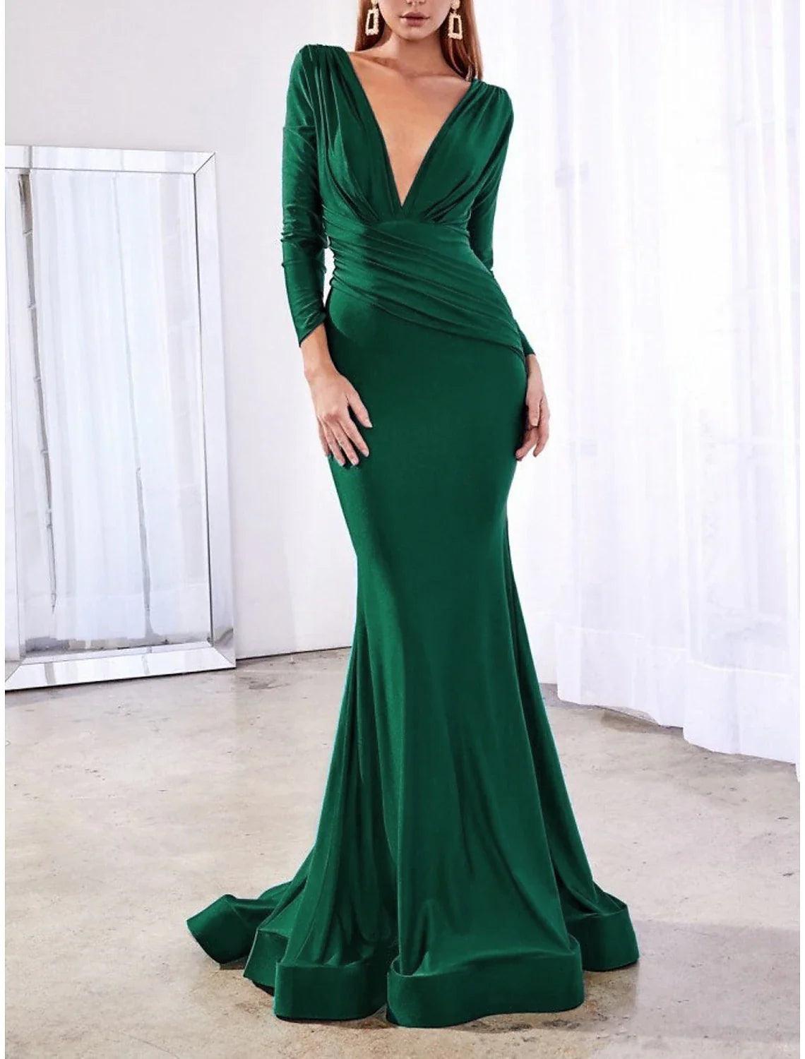Vestido de noche sirena/trompeta Reformation Amante, vestido de novia para invitada de boda, formal, de noche, con cola de corte, manga larga, cuello en V, satén con elegante color puro