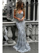 Vestidos de fiesta de sirena/trompeta con brillo y brillo, vestido formal con cola larga/cepillo, sin mangas, escote en V, encaje con lentejuelas