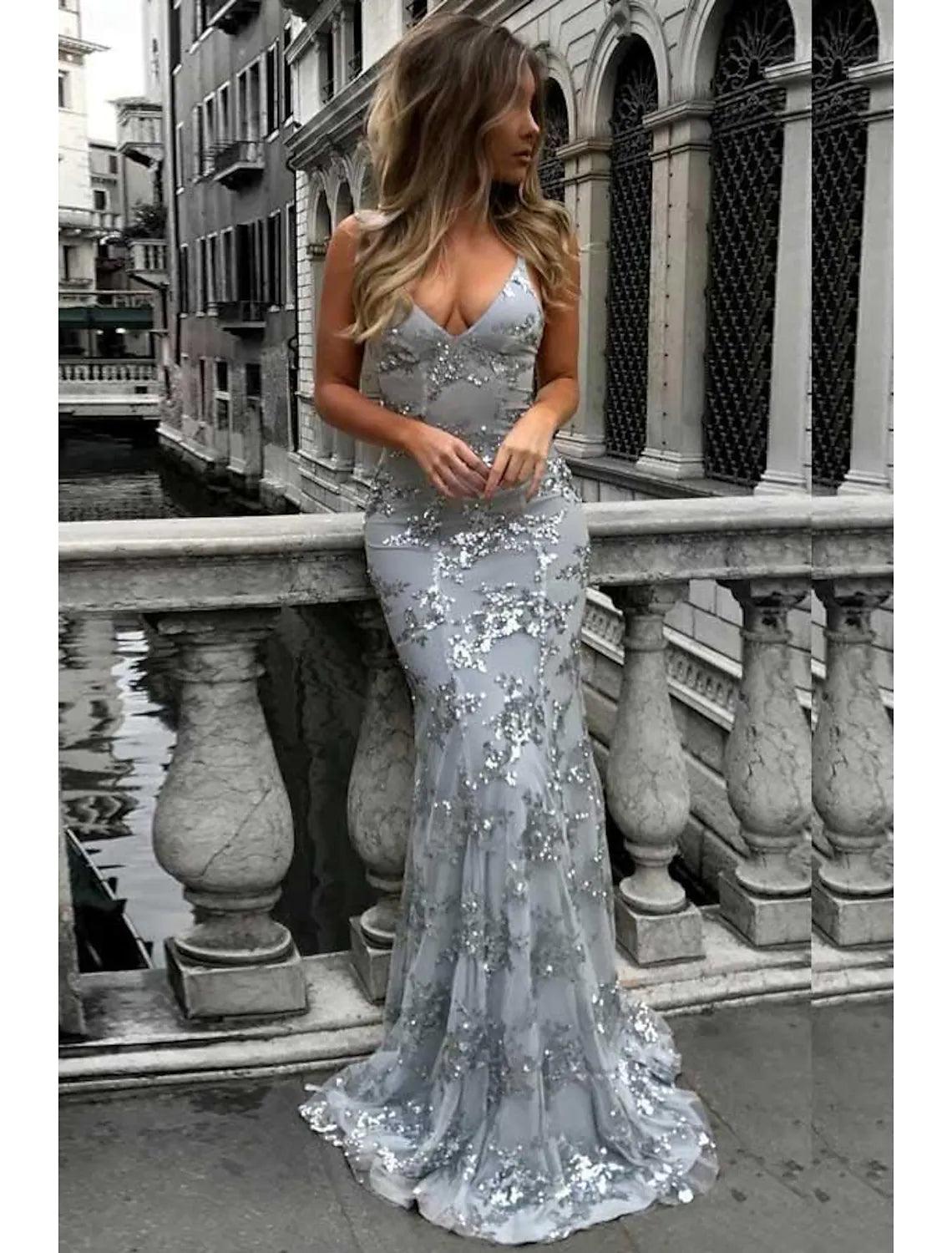 Vestidos de fiesta de sirena/trompeta con brillo y brillo, vestido formal con cola larga/cepillo, sin mangas, escote en V, encaje con lentejuelas