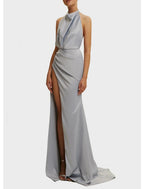Vestidos de fiesta de corte tubo/columna, elegantes, para graduación, corte en cola, sin mangas, cuello halter, para invitados de boda de otoño, de satén con abertura, color puro