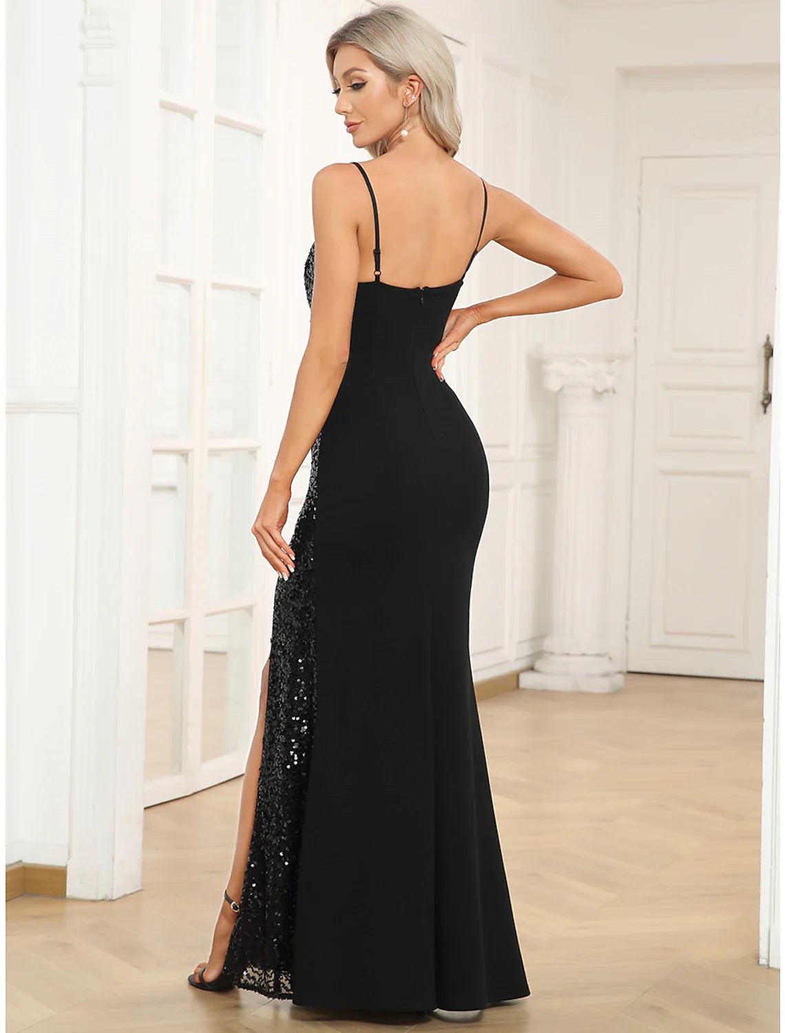 Meerjungfrau/Trompete Abendkleid Vintage Kleid Abschlussball Geburtstag Bodenlang Ärmellos V-Ausschnitt Polyester mit Pailletten Schlitz