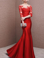 Mermaid / Trumpet Evening Gown Elegant Dress Formal Wedding Guest Sweep / Brush Train 3/4 Length Sleeve Off Shoulder Satin with Buttons Pleats Appliques