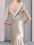 Mermaid / Trumpet Mother of the Bride Dress Formal Fall Wedding Guest Dresses Elegant High Low Scoop Neck Sweep / Brush Train Asymmetrical Satin Lace Half Sleeve with Bow(s) Appliques