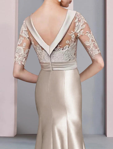 Meerjungfrau/Trompete Kleid für die Brautmutter, formelle Kleider für Hochzeitsgäste im Herbst, elegant, hoch und tief, Rundhalsausschnitt, Schleppe/Pinselzug, asymmetrisch, Satin, Spitze, halbe Ärmel mit Schleife(n), Applikationen