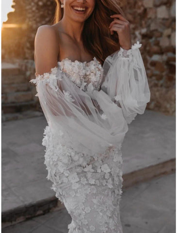 Hall Formelle Brautkleider A-Linie Herzausschnitt Langarm Hofschleppe Spitze Brautkleider Mit Falten Applikationen