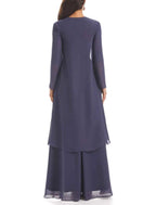 Zweiteiliges A-Linien-Kleid für die Mutter der Braut, Hochzeitsgast, elegant, Herzausschnitt, asymmetrisch, knöchellang, Chiffon, lange Ärmel, mit Kristallbrosche, Rüschen, einfarbig