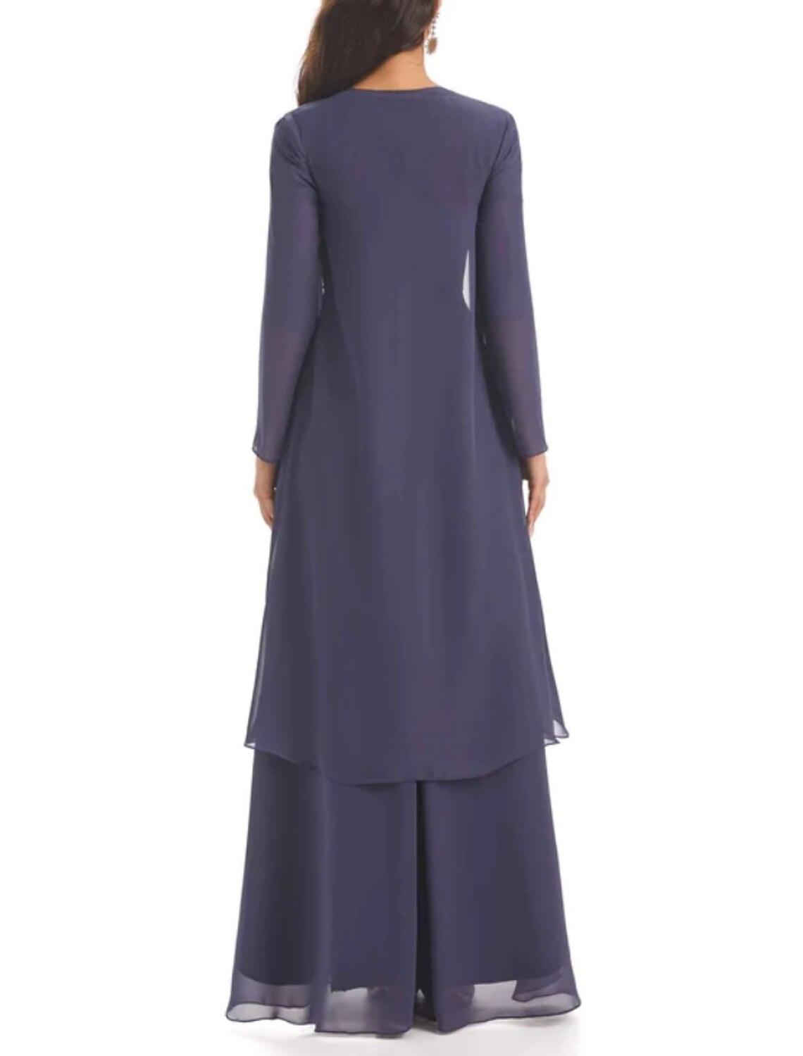 Zweiteiliges A-Linien-Kleid für die Mutter der Braut, Hochzeitsgast, elegant, Herzausschnitt, asymmetrisch, knöchellang, Chiffon, lange Ärmel, mit Kristallbrosche, Rüschen, einfarbig