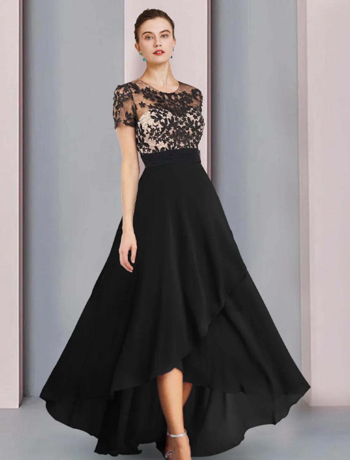 Sheath / Column Mother of the Bride Dress Wedding Guest Vintage Elegant Scoop Neck Asymmetrical Chiffon Short Sleeve with Lace Pleats
