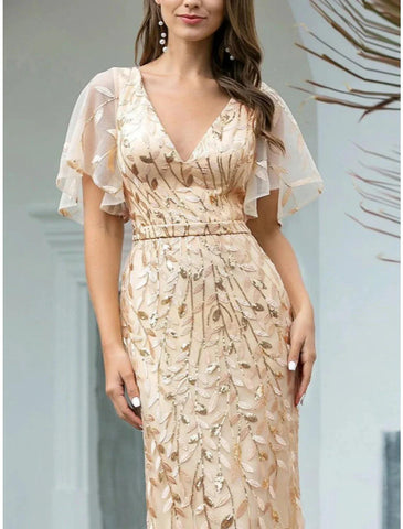 Meerjungfrau/Trompete Mutter der Braut Kleid Hochzeitsgast Sparkle &amp; Shine Elegant V-Ausschnitt Bodenlang Pailletten Kurzarm mit Falten Pailletten