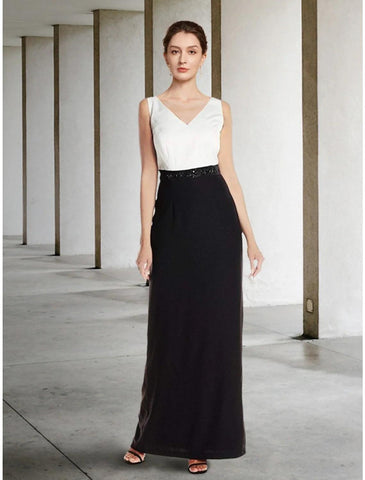 Vestido de dos piezas tipo tubo para madre de la novia, vestido elegante negro para invitada de boda, escote en V, largo hasta los tobillos, gasa elástica, media manga con lentejuelas, abertura frontal fruncida