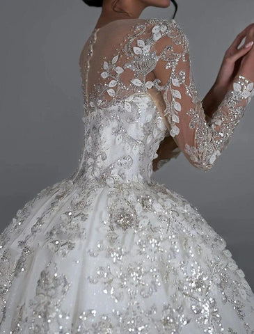 Vestidos de novia formales y modestos de otoño, estilo princesa, cuello joya, manga larga, cola capilla, tul, apliques, color liso