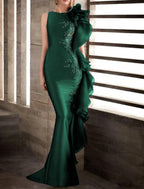 Abendkleid im Meerjungfrauen-/Trompeten-Stil, wunderschönes Rückenkleid, Verlobung, formeller Abend, Schleppe, ärmellos, Rundhalsausschnitt, Herbst, Hochzeitsgast, Stretch-Satin mit Applikationen