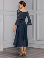 Vestido de novia elegante para invitada de boda formal, fiesta, hombros descubiertos, largo hasta la rodilla, de gasa, encaje, imitación seda, manga 3/4 con lazo(s)