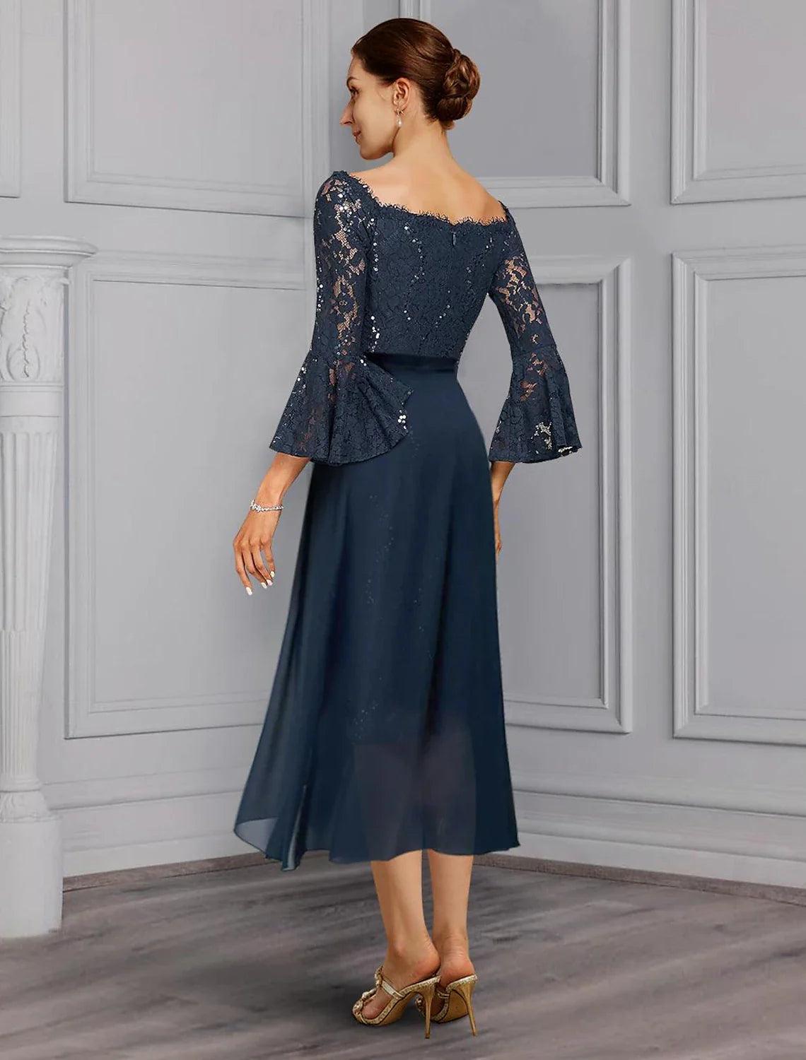 Vestido de novia elegante para invitada de boda formal, fiesta, hombros descubiertos, largo hasta la rodilla, de gasa, encaje, imitación seda, manga 3/4 con lazo(s)