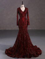 Meerjungfrau/Trompete Abendkleid Sparkle &amp; Shine Kleid Karneval Formell Hofschleppe Langarm V-Ausschnitt Afroamerikaner Spitze mit Pailletten