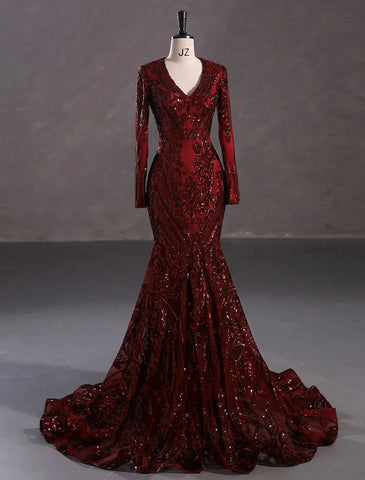 Mermaid / Trumpet Evening Gown Sparkle & Shine Dress Carnival Formal Court Train Long Sleeve V Neck African American Lace with Sequin