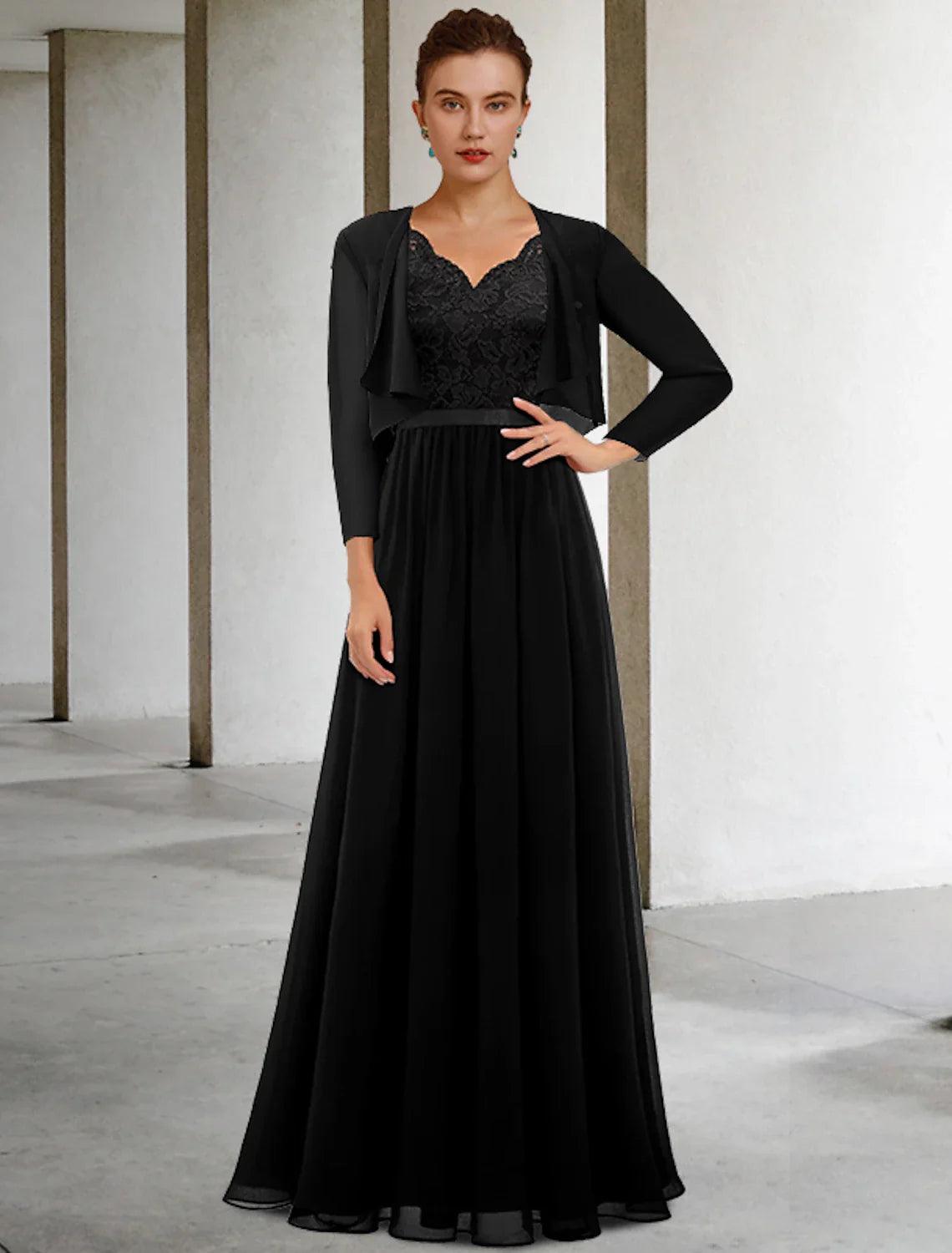 Zweiteiliges A-Linien-Kleid für die Brautmutter in Übergröße, elegant, V-Ausschnitt, bodenlang, Chiffon, Spitze, ärmellos, Wickelkleid inklusive Schärpe/Band, Faltenapplikationen